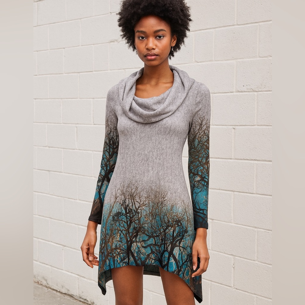 Gray and Blue Tree Print Cowl Neck Dress